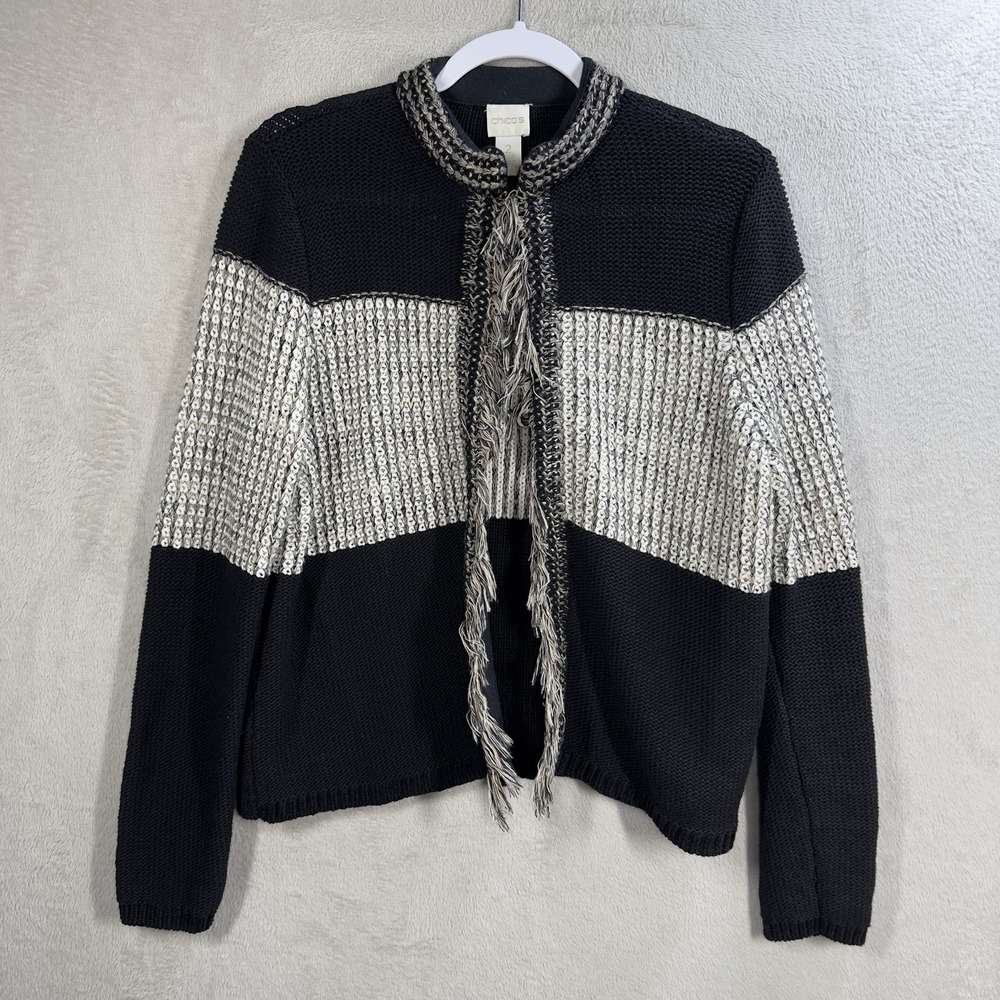 Chico's Chunky Knit Cardigan Sweater‎ Women's L (2) Fringe Accent GrandmaCore